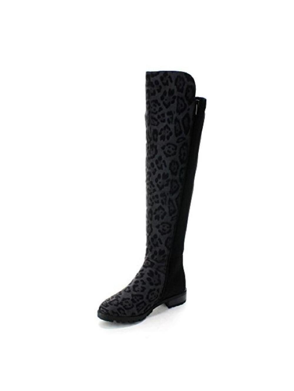 Black Leopard Print Knee High Flat Boots